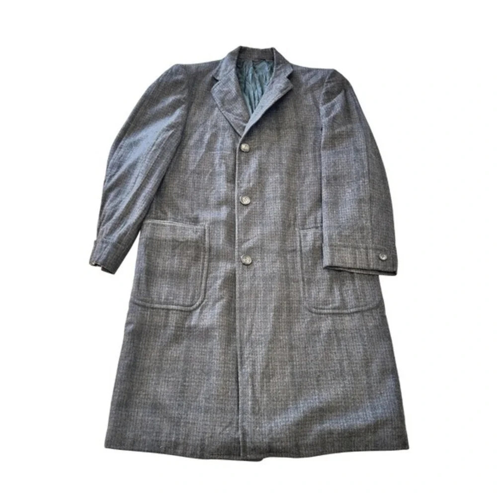 Vintage 60s Robert Hall Grey Wool Overcoat Plaid Mid Century‎ 3 Button Mens L